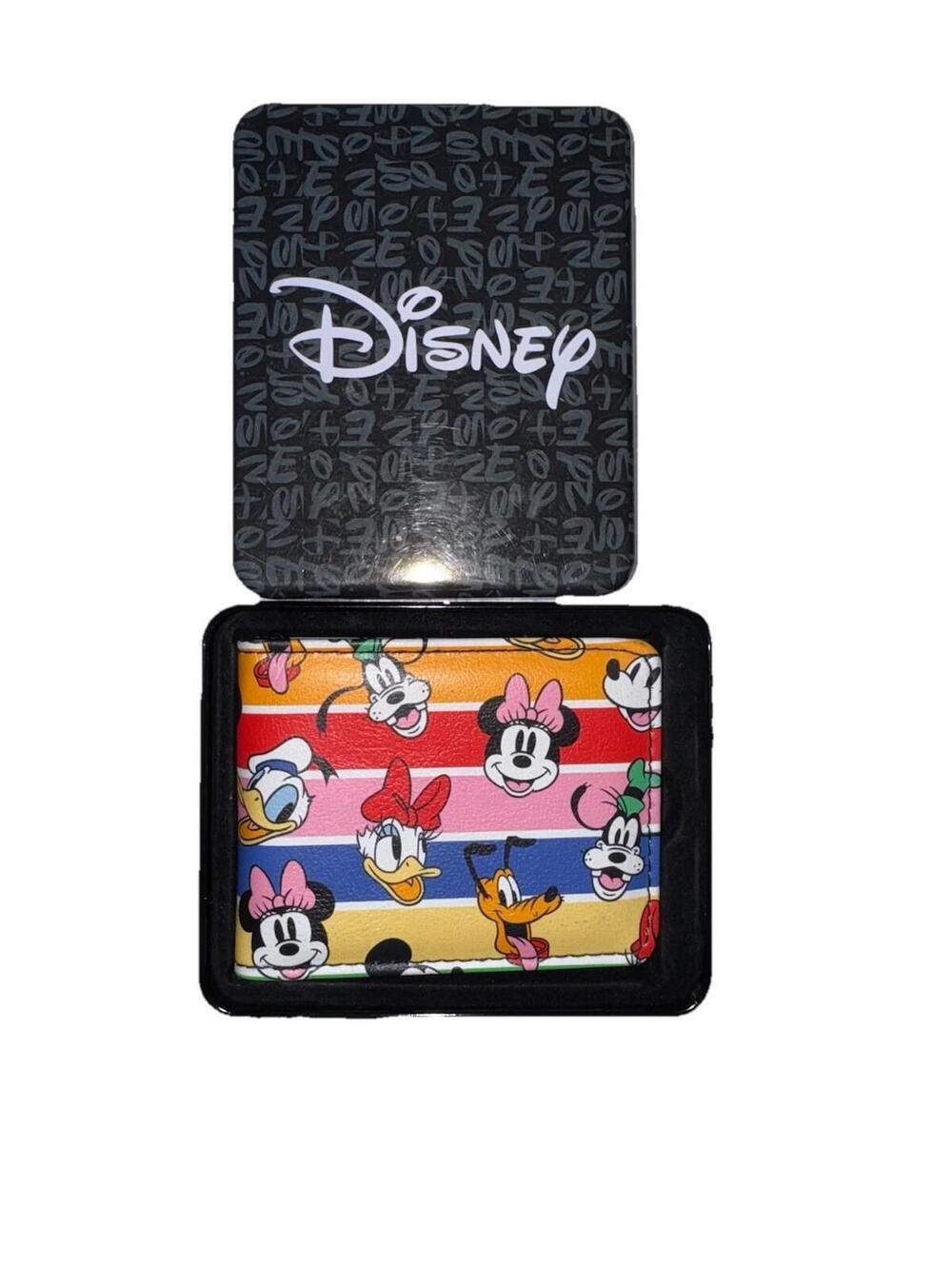Disney Buckle-Down Bifold Wallet Mickey Minnie Donald Goofy Pluto Striped Tin